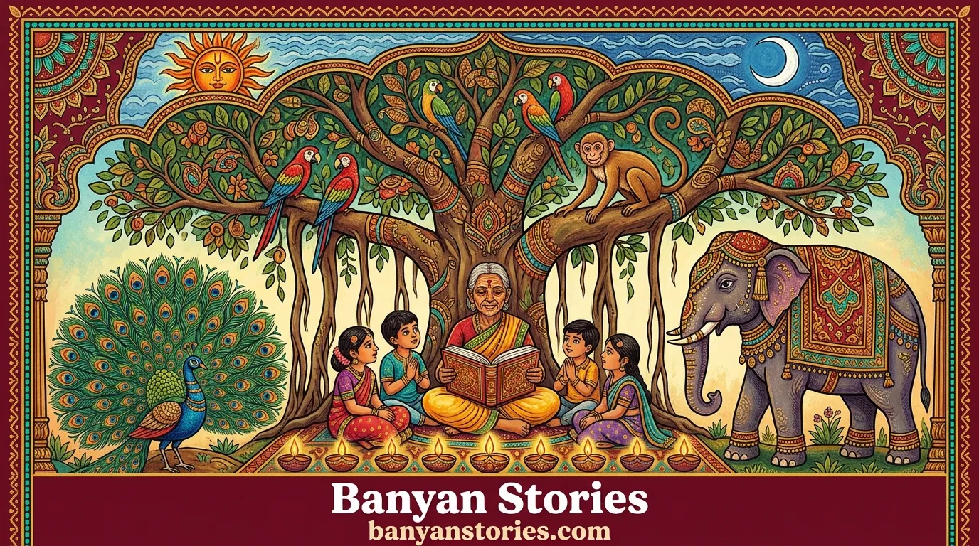 A grandmother reads a story to four children under a great banyan tree, with a peacock, an elephant, parrots, and a monkey.